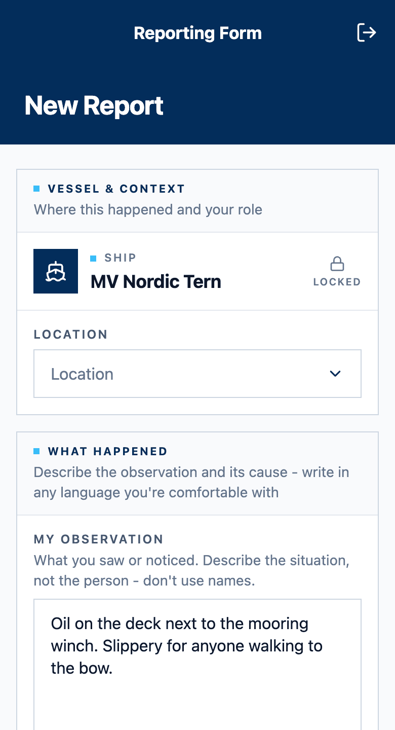 All Goodah! report form with the ship locked from the poster and an observation typed in